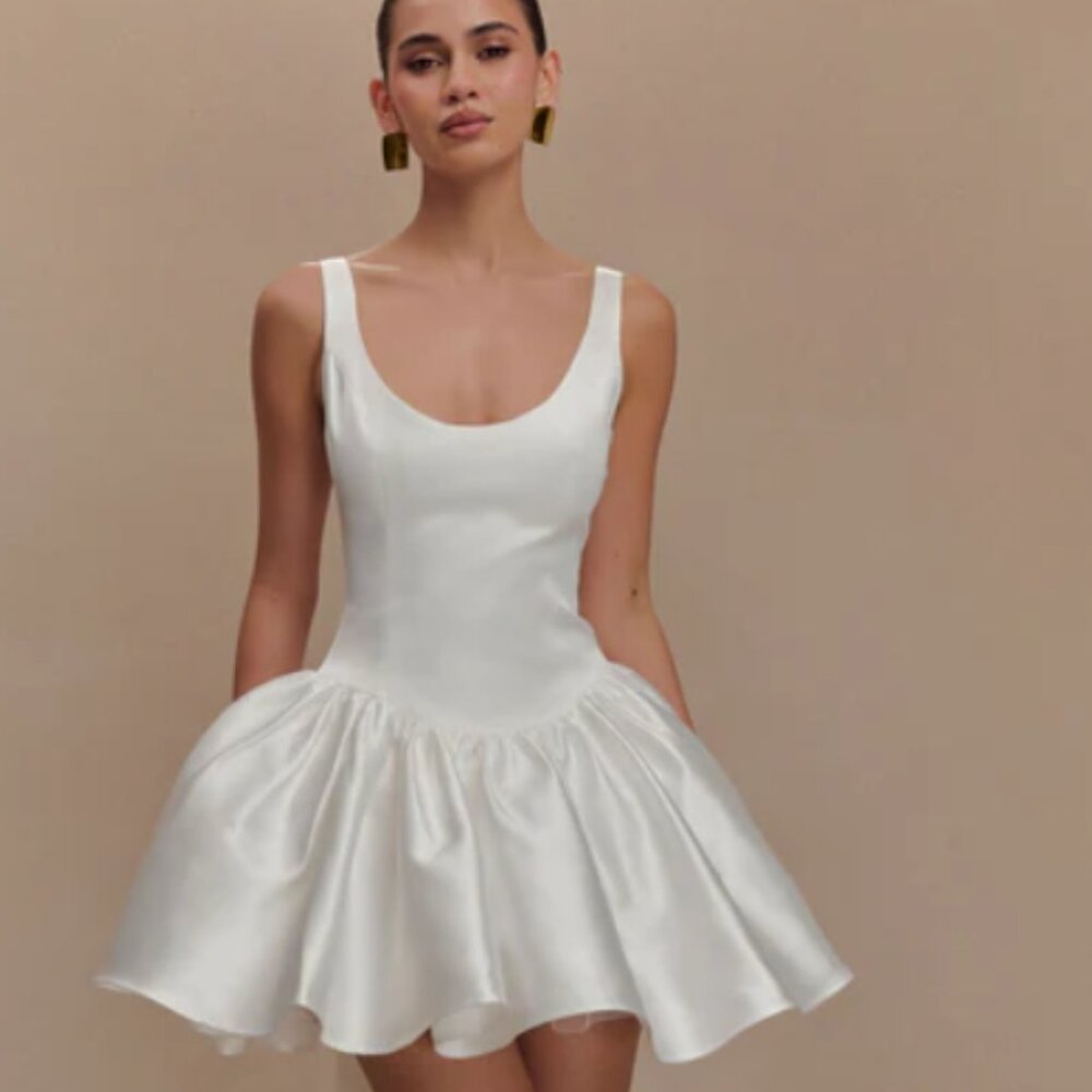 Felicia- Satin Mini Dress with Bow- White (Meshki)